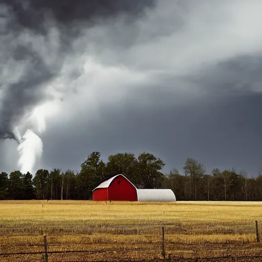 Image similar to a gray tornado in a flat field destroying a barn.