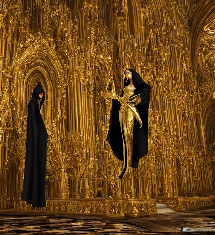 Image similar to full length picture angel wearing black robe with gold wings in an elaborate cathedral, sharp focus, DOF, unreal engine, 8k, ultra detailed, photorealistic + sigma 105mm f2.8 macro