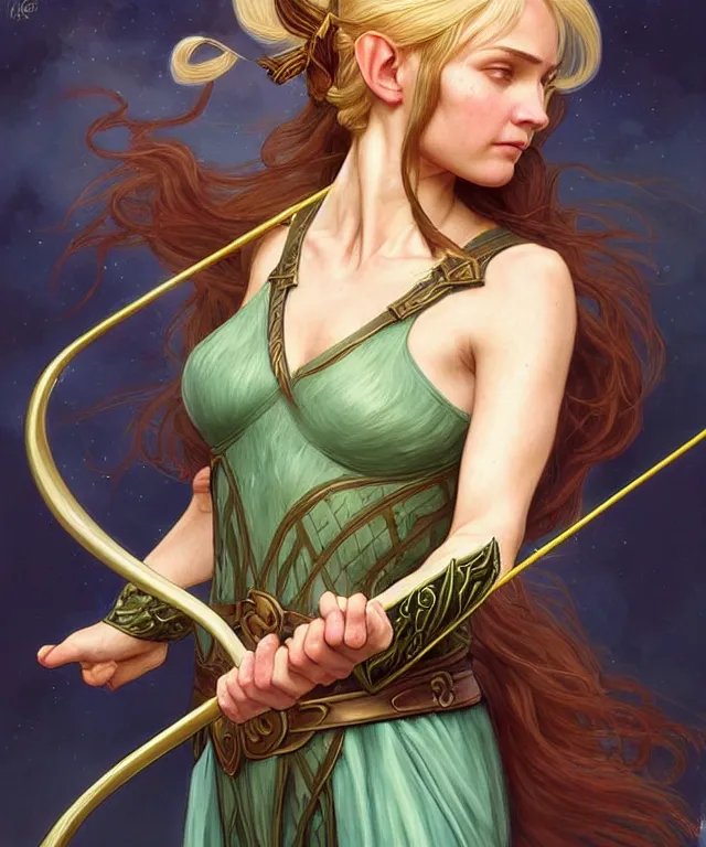 Prompt: ( ( ( aurora aksnes ) ) ) as a strong powerful angry fantasy elf with a bow and arrow, portrait, fantasy, intricate, elegant, highly detailed, digital painting, artstation, concept art, smooth, sharp focus, illustration, art by artgerm and larry elmore and alphonse mucha