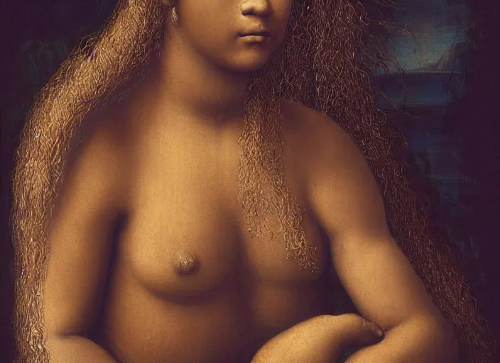 Image similar to full body painting on an african mermaid, by leonardo davinci, highly detailed, smooth, digital painting, sharp focus, intricate, symmetry, masterpiece work of art, art station,