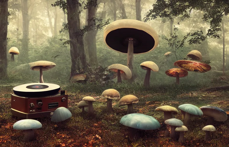 Image similar to A realistic painting of a vintage record player and speakers, with giant psychedelic mushrooms growing out of it, in a post apocalyptic park, daytime, ghibli, unreal 5, DAZ, hyperrealistic, octane render, RPG portrait, dynamic lighting