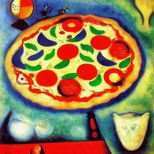 Image similar to oil painting of a pizza by chagall