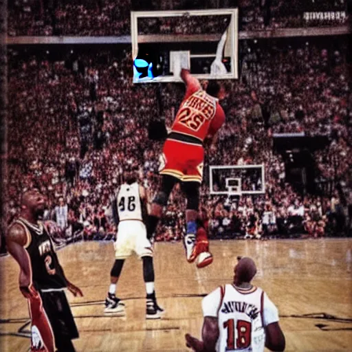 Image similar to lebron James posterizing Michael Jordan, sports photography,