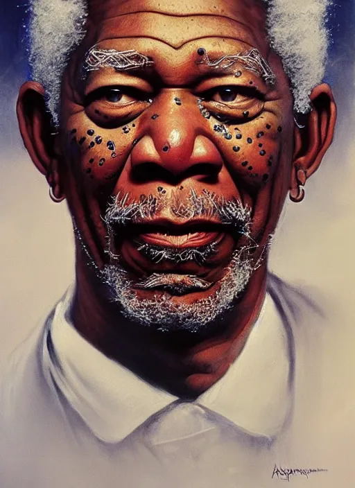 Image similar to morgan freeman as saurman, by alan lee, lord of the rings, smooth, oil painting, matte painting, concept art, trending on artstation, promotional artwork, film still, elegant, photorealistic facial features, intricate, detailed face, cinematic lighting