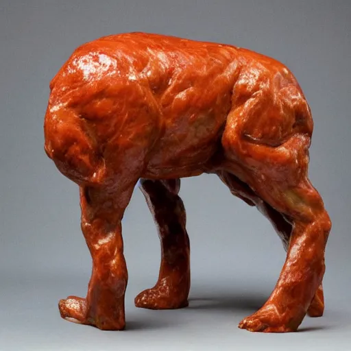 Image similar to a sculpture of chappy, made out of meat