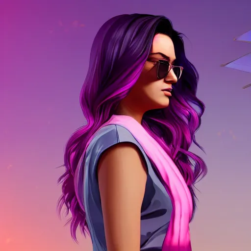 Image similar to a stunning GTA V loading screen with a beautiful woman with ombre hairstyle in purple and pink blowing in the wind, city streets, golden ratio, digital art, trending on artstation