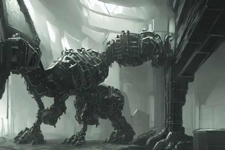 Image similar to robosaurus parallax datacenter server room interior single mono colossus white rusty robot sitting artstation cinematic detailed concept art volumetric light sharp coherent cgsociety symmetric perfect well balanced shadows lotr technogoddess