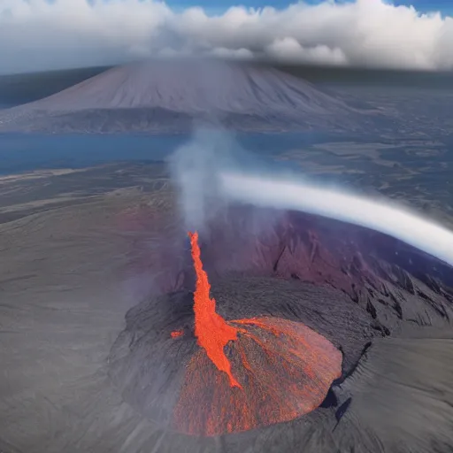 Image similar to A photorealistic aerial view of an active volcano, with lava flowing down its sides and billowing clouds of smoke and ash rising into the sky, rendered in unreal engine, trending on artstation, 8k resolution, 4k video, shot on a drone, drone footage, heavily detailed, bloom effect, rendered in octane, professional grade, professional photo.