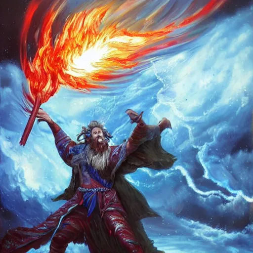 Image similar to Highly detailed oil painting, concept art, of a wizard casting a fireball spell, fighting against a huge ice giant, red and blue color scheme, concept art, highly detailed.