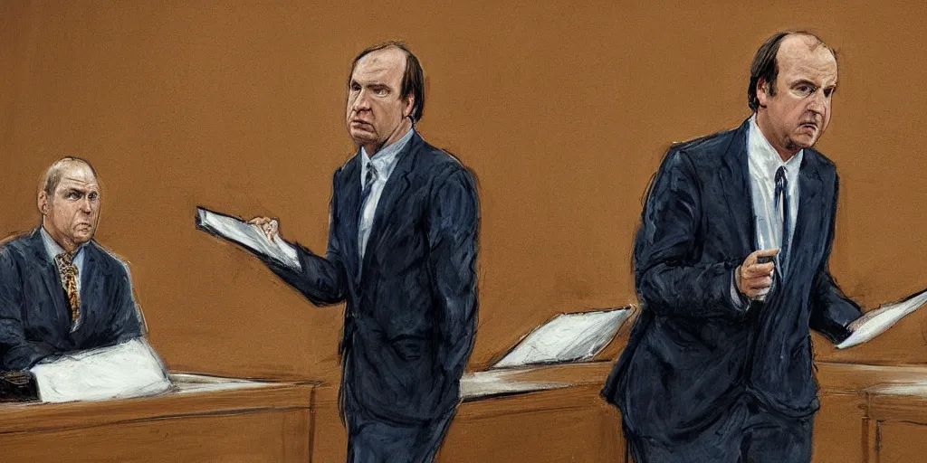 Prompt: saul goodman defending olaf scholz in acourt, courtroom painting