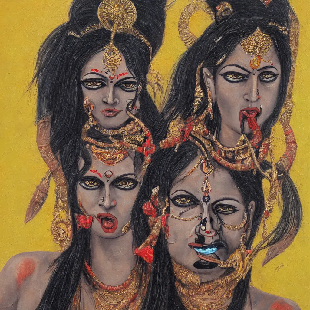 Prompt: realistic portrait of goddess kali, flowing hair, intense stare, angry smile, oil painting,