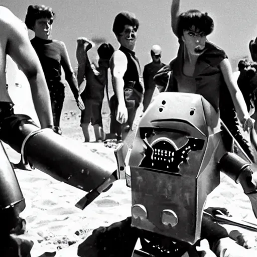 Image similar to 60s B movie about a killer robot from the future attacking teenagers having a party at the beach.