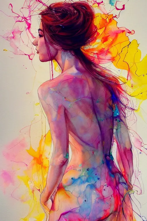 Image similar to sophia vergara by agnes cecile enki bilal moebius, intricated details, 3 / 4 back view, hair styled in a bun, bendover posture, full body portrait, extremely luminous bright design, pastel colours, drips, autumn lights