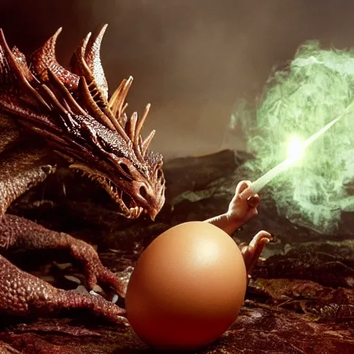 Prompt: young dani devito offering an egg to a dragon, award winning photo, hd, photo