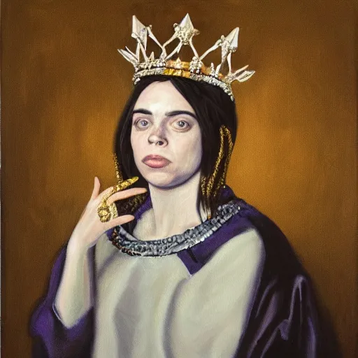 Prompt: painting of queen billie eilish, with crown, portrait, museum