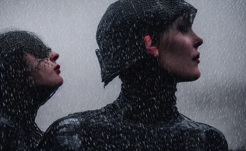 Image similar to cinestill 5 0 d candid photographic portrait by christopher nolan of two loving female androids wearing rugged black mesh techwear in treacherous waters, extreme closeup, modern cyberpunk moody emotional cinematic, pouring rain, 8 k, hd, high resolution, 3 5 mm, f / 3 2, ultra realistic faces, ex machina