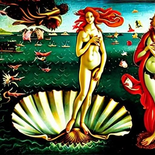 Image similar to birth of venus, steam punk!!!!!, in the style botticelli, 8 k, oil painting,