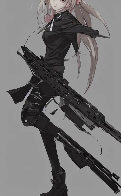 Image similar to highly detailed, high resolution, character design art, stunning, volumetric lightning, realistic guns, girls frontline style, matte, sharp focus, 150mm, illustration, artstation, by kuvshinov ilya, professional result, realistic anatomy, simple design, masterful coloring, skilled artist, a single person