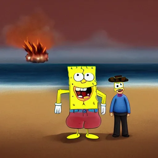 Image similar to a gloomy digital painting of spongebob and patrick standing on beach looking out at explosions, d-day, smoke, fire, detailed, bleak, weary, dark,