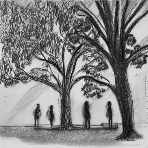 Prompt: a group of people in a park staring up at a gigantic tree, pencil sketch, black and white