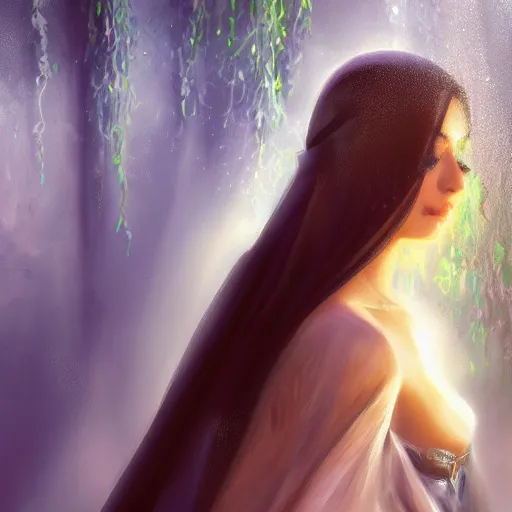 Image similar to beautiful Arab woman, white transparent veil black hair, bathing in a waterfall, ethereal, emotive, fine art, water mist, mystical, Romanticism, golden light digital painting, artstation, concept art