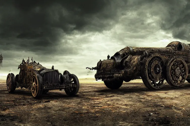 Image similar to ultra realist 3d soft paint of a single gothic steampunk four wheel sport car fully armored, Fallout, symmetry accurate features, very intricate details, ominous sky, volumetric light clouds, post apocalyptic background