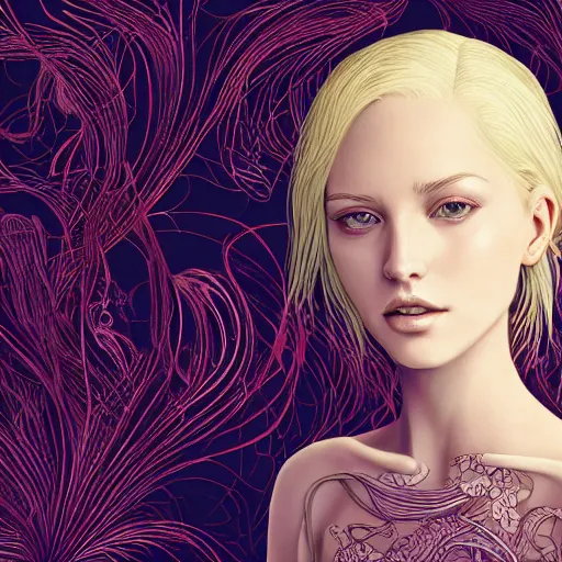 Image similar to a portrait of an incredibly beautiful, graceful, elegant, and sophisticated young blonde girl made of garlic, an ultrafine detailed illustration by james jean, intricate linework, bright colors, final fantasy, behance contest winner, vanitas, angular, altermodern, unreal engine 5 highly rendered, global illumination, radiant light, detailed and intricate environment