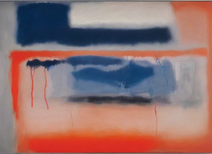 Prompt: abstract lively painting in dark blue, white, orange, pink, painted by Pat Steir, Mark Rothko, Julian Schnabel, Helen Frankenthaler, and Hilma af Klint, abstract painting, color field painting. 8k, pastose, extreme detail, intricate detail, masterpiece