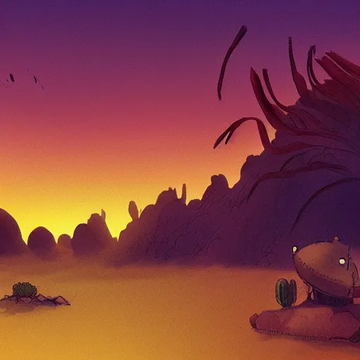 Prompt: sunset in the desert, fantasy art, illustration, animated film, by studio ghibli