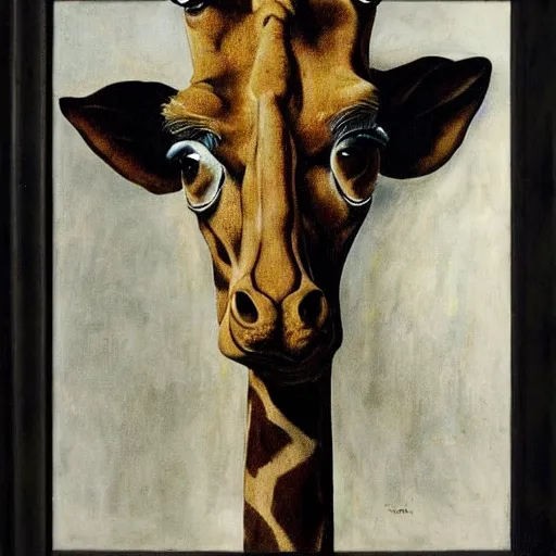 Prompt: A portrait of a humanoid giraffe wearing a suit, eerie, by Salvador Dali