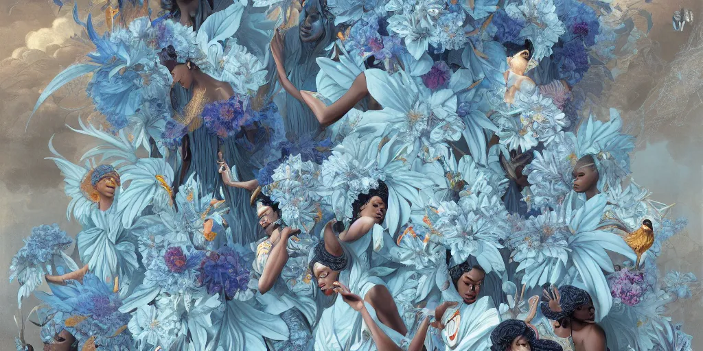 Image similar to breathtaking detailed concept art painting art deco pattern of afroamerican faces goddesses amalmation light - blue flowers with anxious piercing eyes and blend of flowers and birds, by hsiao - ron cheng and john james audubon, bizarre compositions, exquisite detail, extremely moody lighting, 8 k