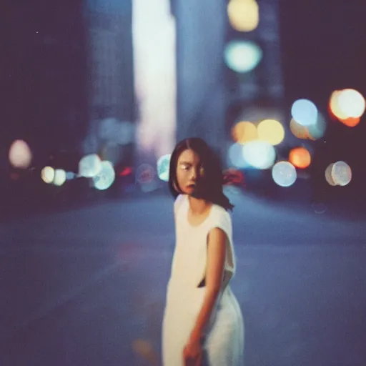 Image similar to A gorgeous woman’s face shattered, blurred city background, captured in low light, cinestill 800t