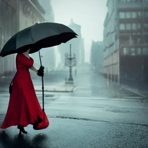 Prompt: morticia addams holding an parasol during a [ humid, rainy day ] as she saunters across the city, trending on artstation, 4 k photorealism, unsplash contest winner, shot by jimmy nelson