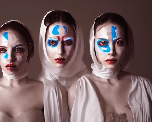 Image similar to a film still of three synthetic female human oracles wrapped in white cloth, beautiful, facepaint, neotokyo, cinematic lighting, high resolution, 4 k