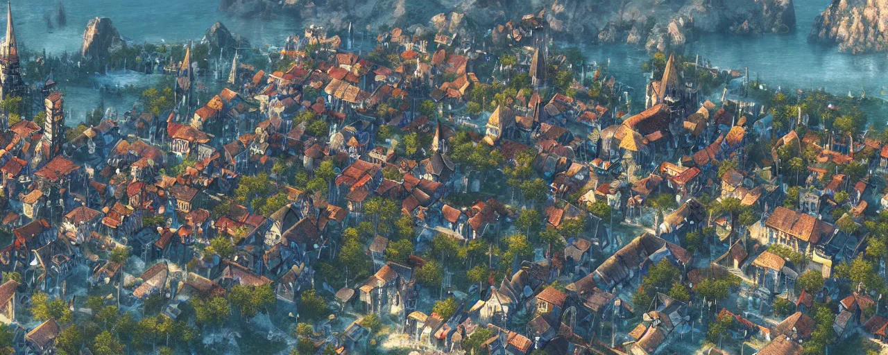 Prompt: close up map of a city. pc game. witcher 3 novigrad. village. detailed. church. city center. art by moebius and thomas kinkade and greg rutkowski.