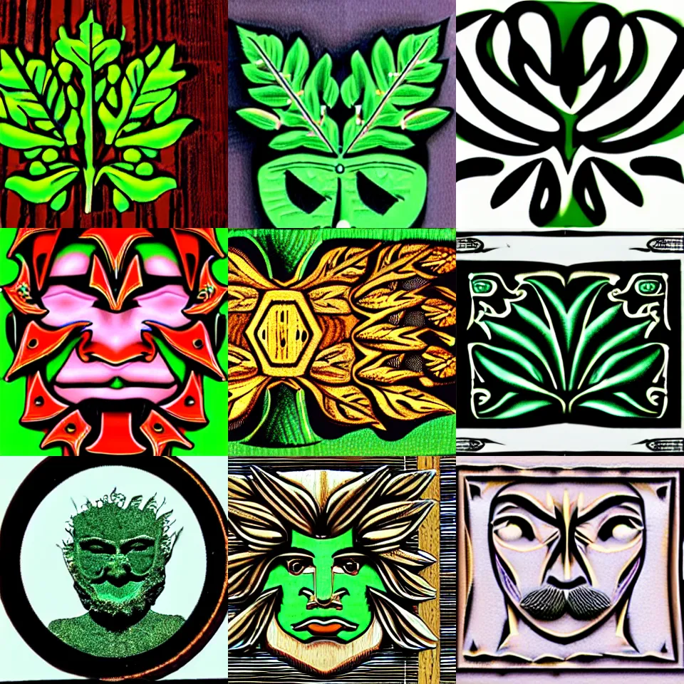 Prompt: a green man face design, highly detailed, oak leaf beard, horizontally symmetrical, coloured woodcut