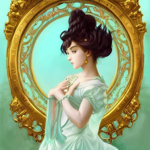 Prompt: Portrait of magical girl, dreamy and ethereal, mint green eyes, peaceful expression, ornate frilly dress, fantasy, intricate, elegant, beautiful, digital art, dynamic lighting, golden ratio, highly detailed, digital painting, trending on artstation, concept art, smooth, sharp focus, illustration, photo realistic, art by artgerm and greg rutkowski and alphonse mucha, 4K