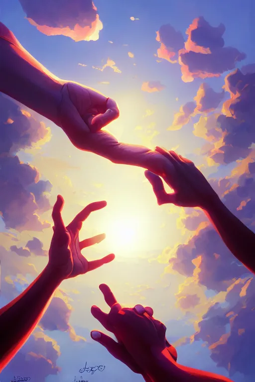 Image similar to a hand reaching out to another hand, behance hd by jesper ejsing, by rhads, makoto shinkai and lois van baarle, ilya kuvshinov, rossdraws global illumination ray tracing hdr radiating a glowing aura