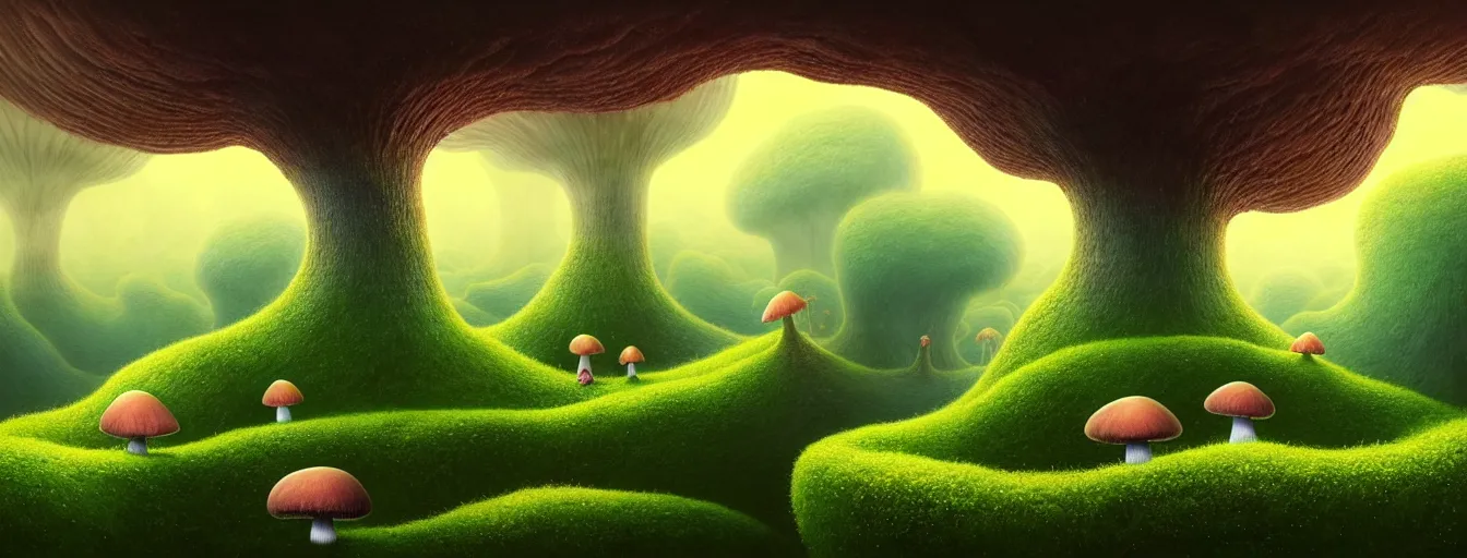 Image similar to gediminas pranckevicius beautiful and stunning professional digital artwork of a glowing mushroom cave, haze, spores floating in the air, vines, water, volumetric lighting, hyperrealistic, rtx on, ultra detail, barlowe wayne, maxfield parrish and marco mazzoni, miniature | no signature!