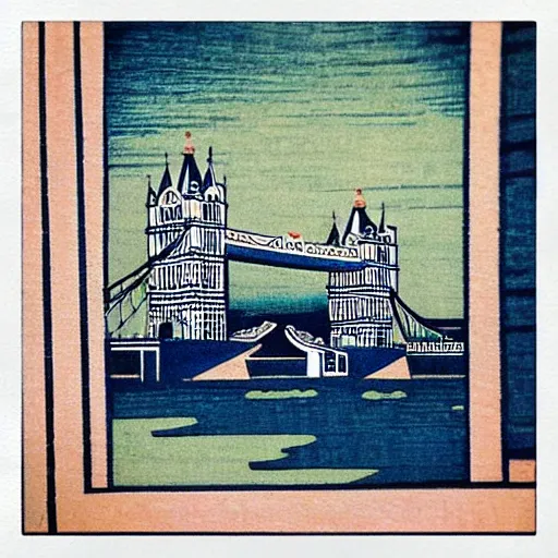 Prompt: “ tower bridge in london city in the style of a woodblock print by the japanese ukiyo - e artist hokusai ”