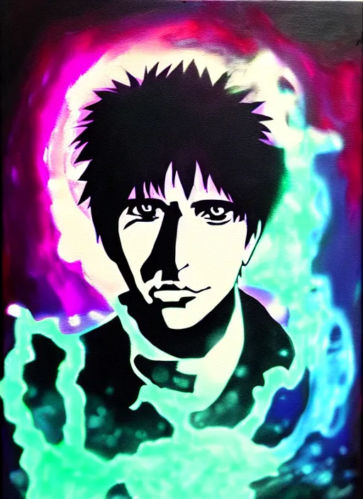 Prompt: made in abyss glamour necro science acrylic painting of salvia divinorum, photorealistic tony montana in a style of cyberpunk, magic glowing blur