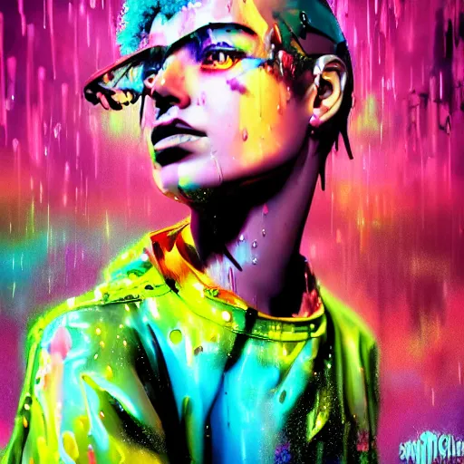 Image similar to splashes of neon clouds, mowhawk, punk women portrait made out of paint with rain in the background, trending on artstation, epic composition, emotional, beautiful, rendered in octane, highly detailed, realistic, comic book art, sharp focus, matte painting, unreal engine