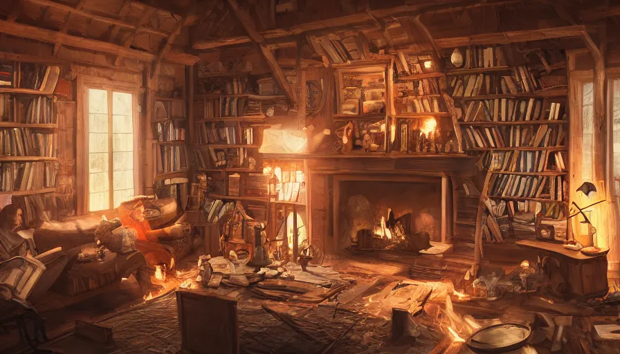 Prompt: Interior of a gorgeous wooden house with a fire in the fireplace, shelf of books and people drinking coffees on the couch, hyperdetailed, artstation, cgsociety, 8k