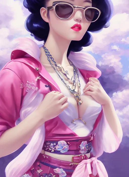 Image similar to a pin up and beautiful fashion dreamlke japan girl with lv jewelry, character art, art by artgerm, wlop, loish, hyperdetailed, 8 k realistic, symmetrical, global illumination, radiant light, frostbite 3 engine, cryengine, dof, trending on artstation, digital art, chanel, dior, detailed background