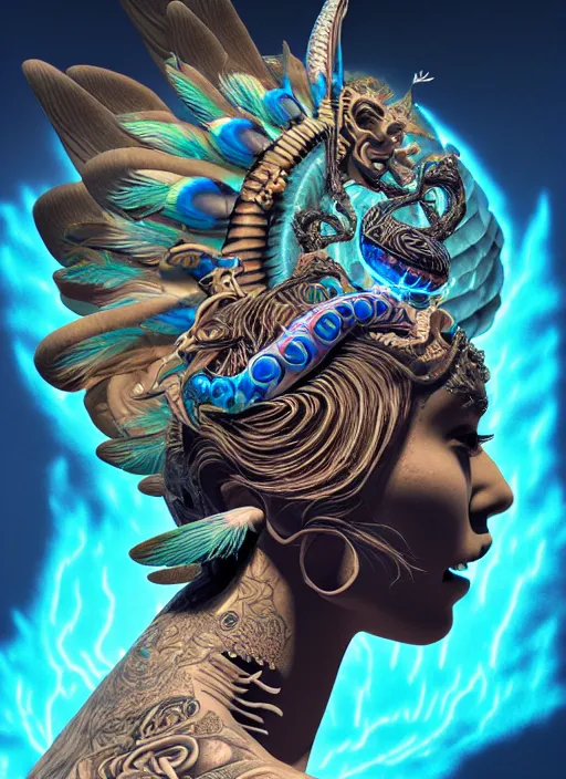 Image similar to 3 d goddess with tattoos profile portrait, sigma 5 0 0 mm f / 5. beautiful intricate highly detailed quetzalcoatl skull and feathers. bioluminescent, plasma, lava, ice, water, wind, creature, thunderstorm! artwork by tooth wu and wlop and beeple and greg rutkowski, 8 k trending on artstation,