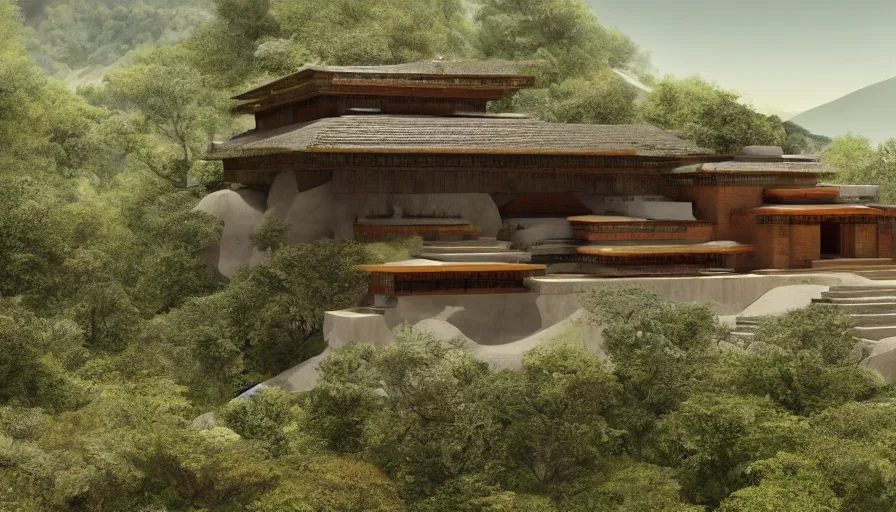 Image similar to small temple house inspired by tibetan architecture, on a green hill, overlooking a valley with trees, frank lloyd wright, realistic render, birdseye view