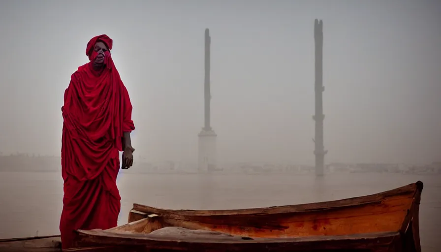 Prompt: movie still by djibril diop mambety of a man in red drapery in a blood barque on a river next to a neoclassical high - rise in the desert, leica sl 2 5 0 mm, heavy grain, high quality, high detail, foggy, mud
