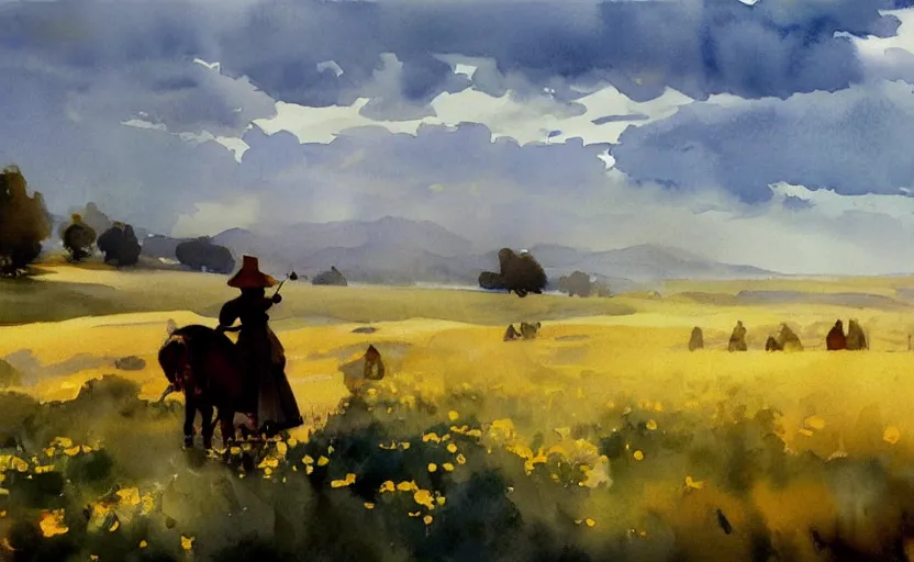 Prompt: california style watercolor painting of scandinavian meadow, plains, very beautiful ambient lighting, sun rays, dust, art by john singer sargent, by anders zorn, wonderful masterpiece by greg rutkowski, cinematic light, american romanticism by greg manchess, creation by tyler edlin