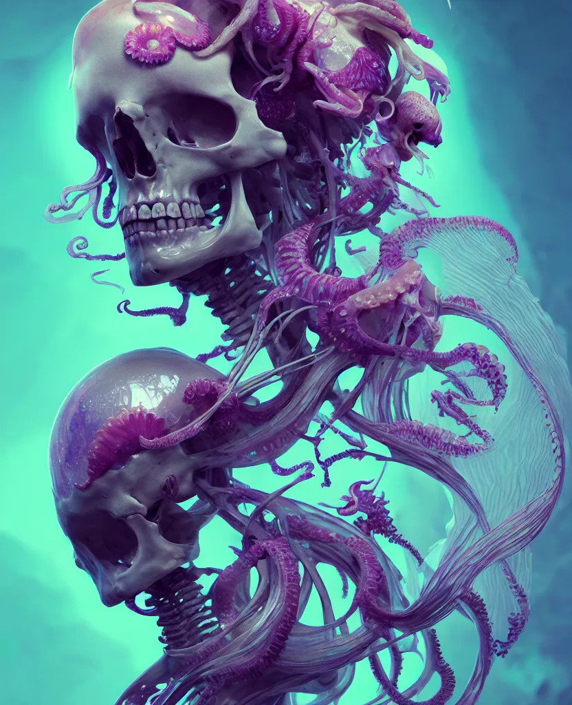 Image similar to goddess close - up portrait human skeleton, ram skull, squid phoenix jellyfish, orchid, betta fish, bioluminiscent, intricate artwork by tooth wu and wlop and beeple. octane render, trending on artstation, greg rutkowski very coherent symmetrical artwork. cinematic, hyper realism, high detail, octane render, 8 k