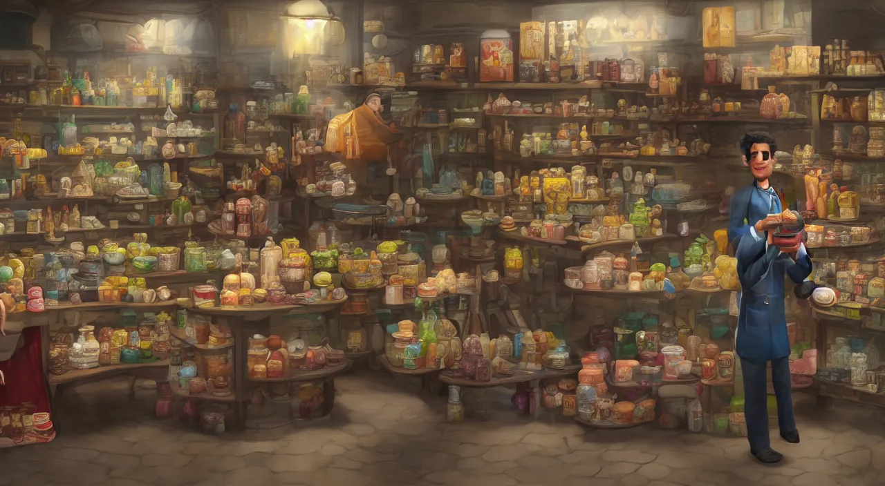 Prompt: A hyper realistic matte painting of shopkeeper selling canteens, new vegas style, artstation